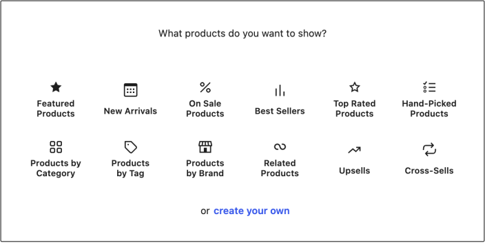 Product Collection chooser with ready-made collections and a create your own option.
