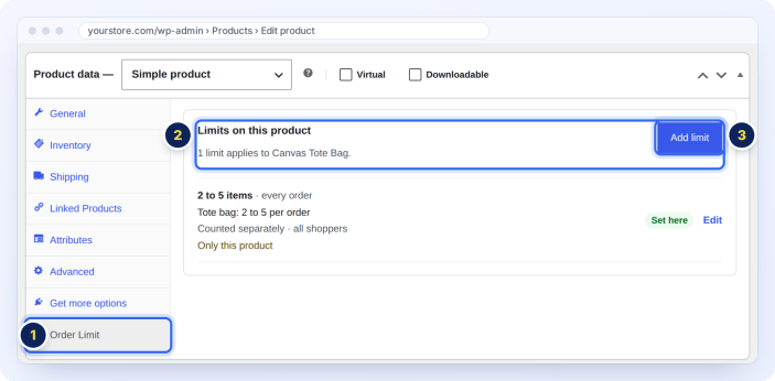 Order Limit tab in the WooCommerce product editor, listing the limits on this product