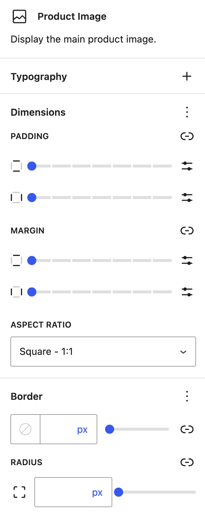 Selected Product Image block with Dimensions, Border width, color and style picker, and Radius controls.