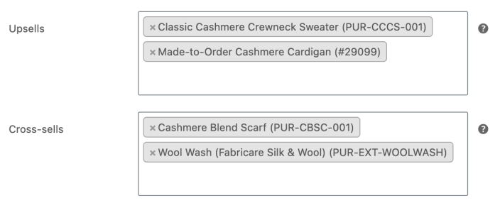 Linked Products settings with two alternatives selected under Upsells and a scarf and wool wash selected under Cross-sells.