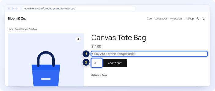 Product page showing the order limit above Add to cart, with the quantity box starting at the minimum