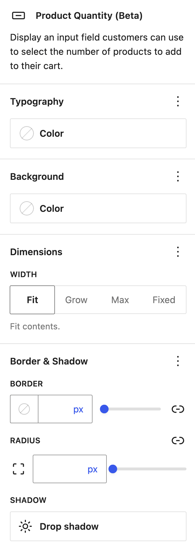 Product Quantity block settings showing text and background colors, border, radius and shadow controls.