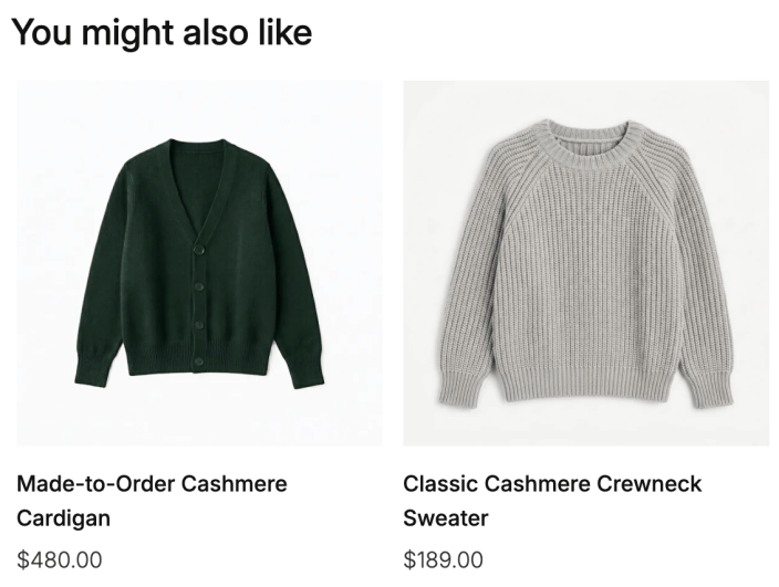 Purple product page upsells: a made-to-order cashmere cardigan and a classic cashmere crewneck sweater under You might also like.