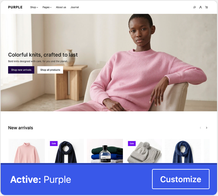 Purple marked as the active theme, with a Customize button.