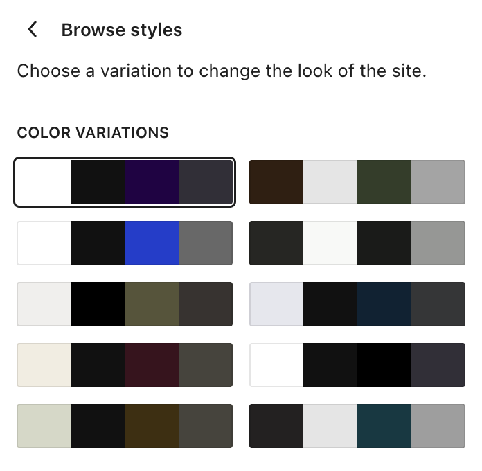 Browse styles panel showing Purple’s ten color variations.