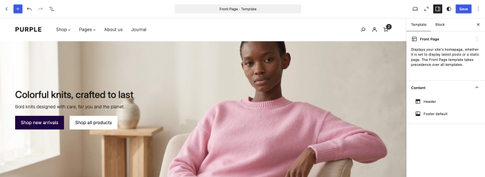 Purple’s Front Page template open in the Site Editor, with its template settings and homepage layout.