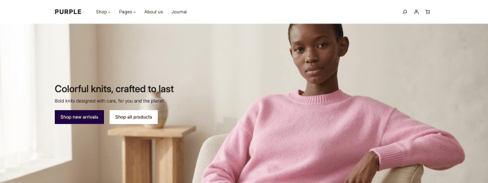Purple storefront header and pink knitwear hero, with Shop new arrivals and Shop all products buttons.