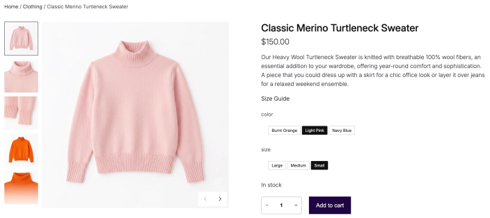 Purple product page with an image gallery, price, color and size options, quantity selector, and Add to cart button.