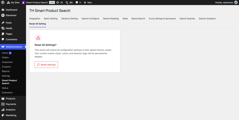 Reset All Setting tab with a warning and the Reset settings button.