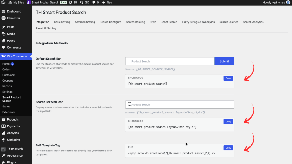Integration tab showing the Default Search Bar shortcode, the Search Bar with Icon shortcode and the PHP template tag.