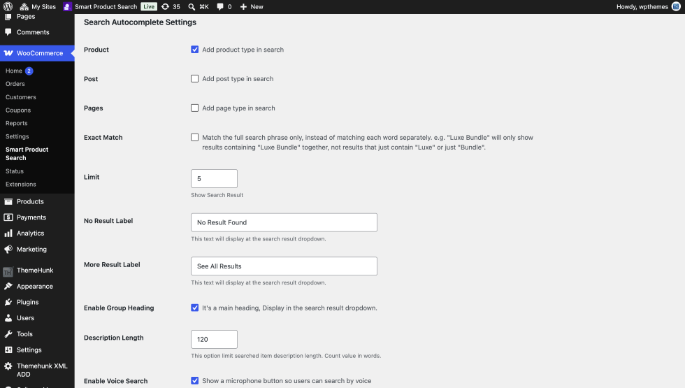 Search Autocomplete Settings including content types, exact match, result limit, labels, description length, voice search and image search.