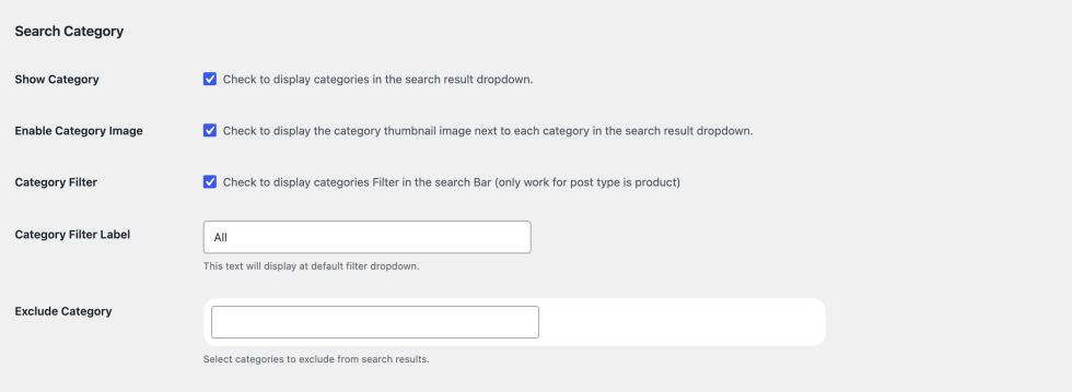 Search Category options and No Results Experience options in the Advance Setting tab.