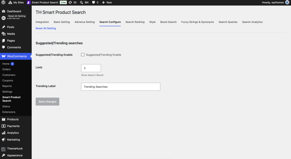 Search Configure tab with Suggested/Trending Enable, Limit and Trending Label options.