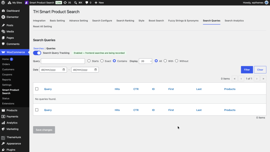 Search Queries tab with the Search Query Tracking toggle, query filters, date range and a results table with Query, Hits, CTR, ID, First, Last and Products columns.