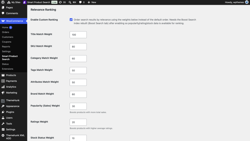 Search Ranking tab showing Enable Custom Ranking and weight fields for title, SKU, category, tags, attributes, brand, popularity, ratings and stock status.