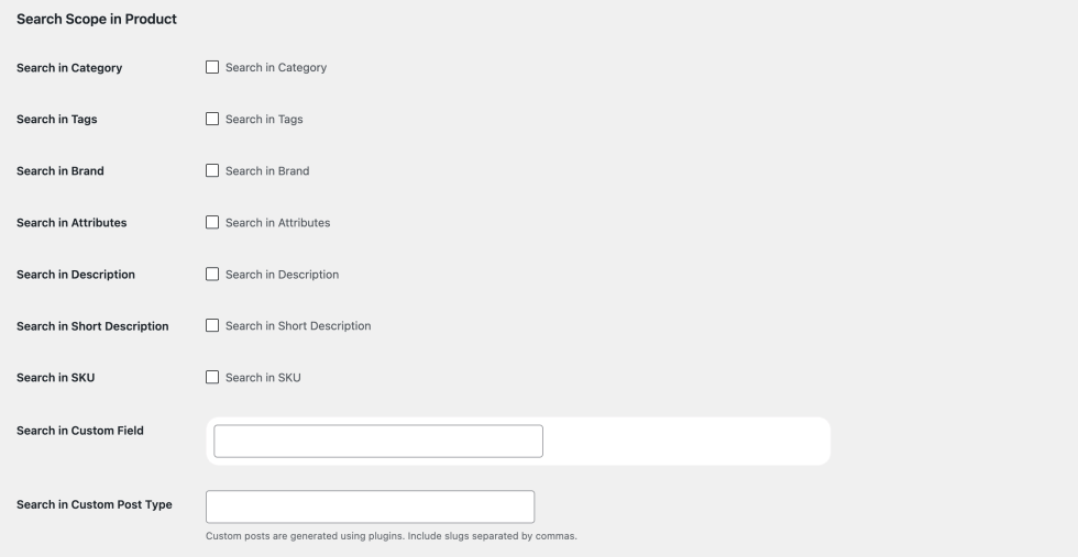 Search Scope in Product options for category, tags, brand, attributes, description, short description, SKU, custom field and custom post type.