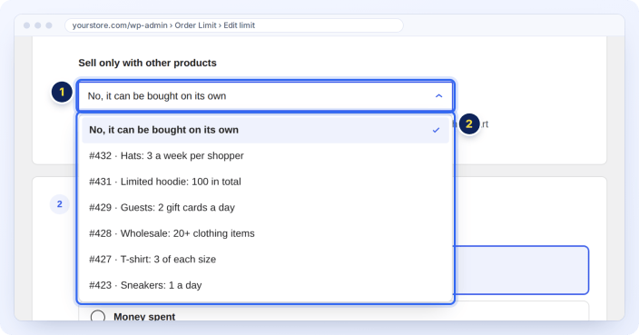 Sell a product only together with the products of another limit in WooCommerce