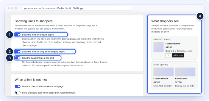 Settings for showing limits to shoppers on product and shop pages, with a live picture of the store