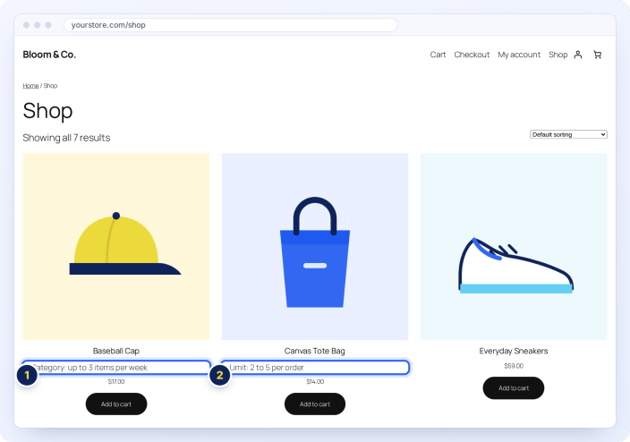 Order limits shown under each product in the WooCommerce shop page