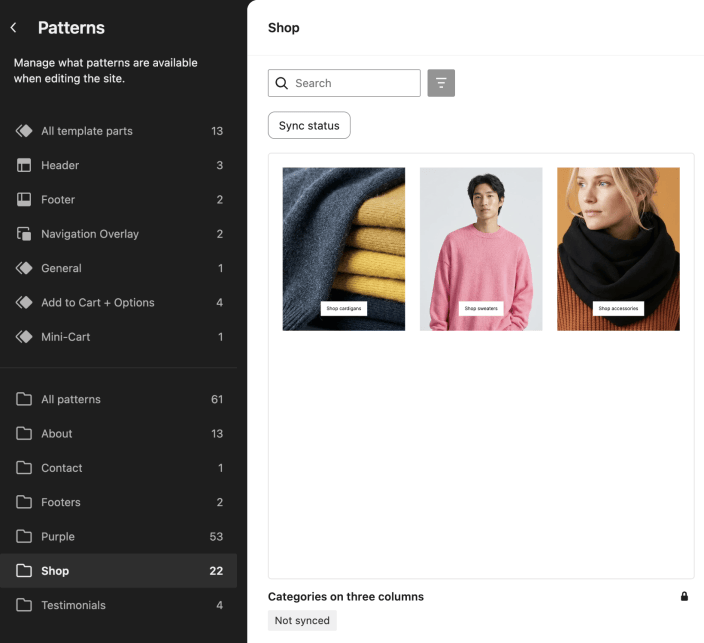 Site Editor Patterns library with Shop selected, All template parts available, and a Purple theme category pattern preview.