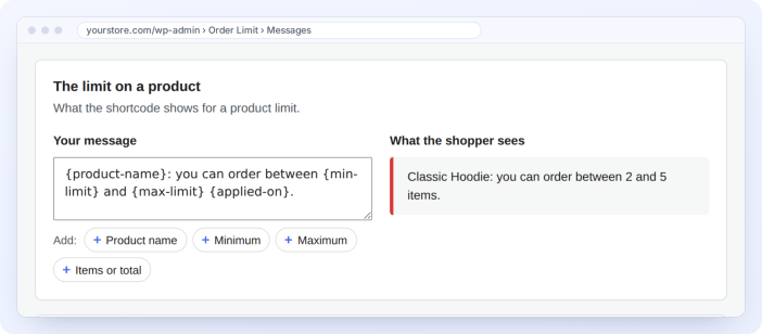 Wording the order limit shortcodes show on a page