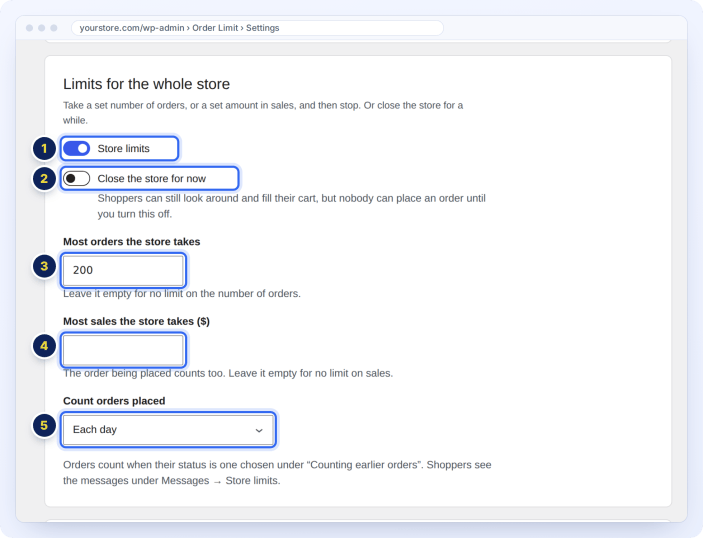 Store limits: take a set number of orders or sales a day, week or month, or close the store for a while
