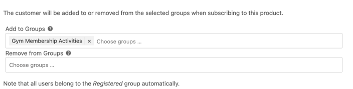 The Add to Groups setting selects Gym Membership Activities for the subscription.
