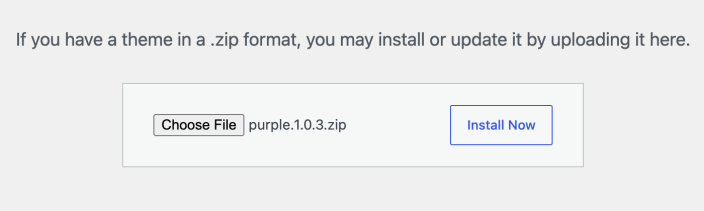 WordPress theme-upload form with the Purple ZIP file selected and Install Now available.