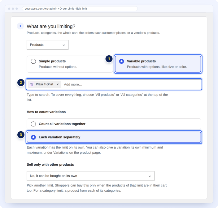 Limit a WooCommerce variable product: count all variations together or give each size its own limit
