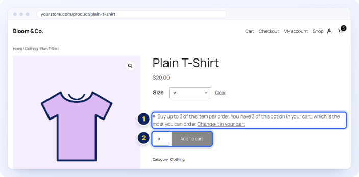 Variable product page: size M has reached its own limit of 3 per order