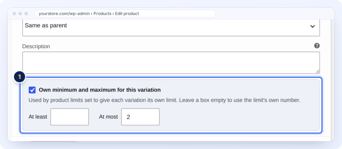 Own minimum and maximum quantity for one product variation, under Variations on the product page