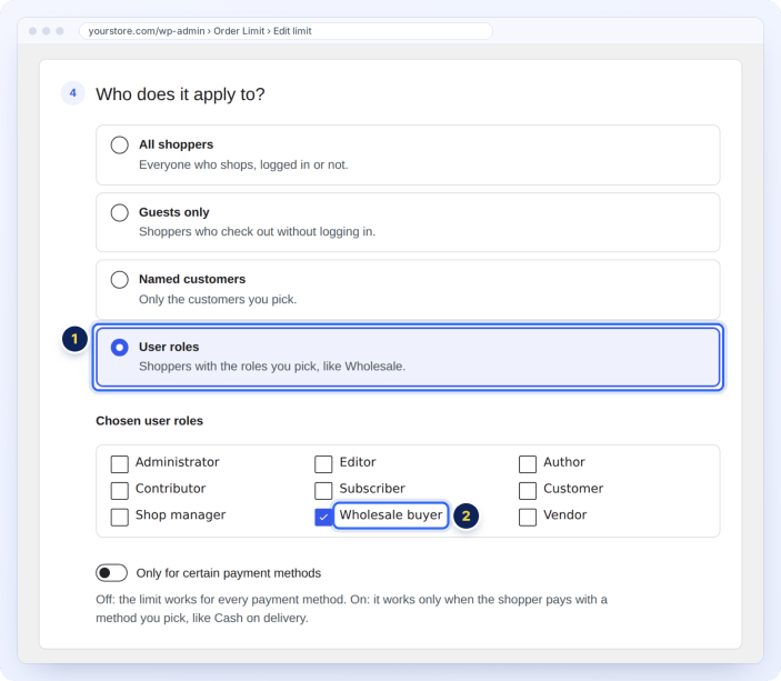 Wholesale minimum order quantity for the Wholesale user role in WooCommerce