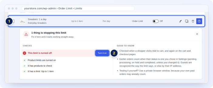 The Why panel shows what stops an order limit from working and fixes it in one click
