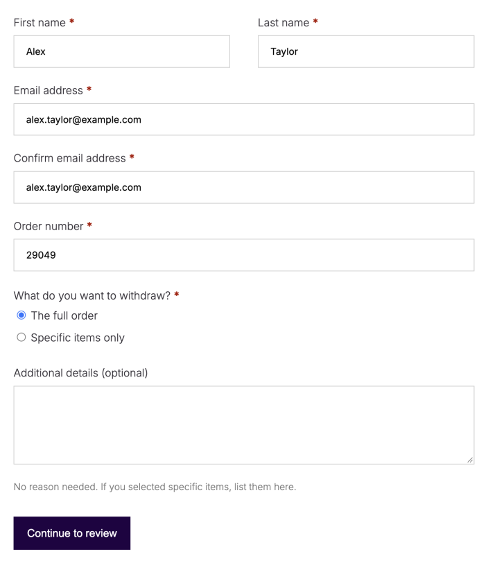 Order withdrawal form with fictional customer Alex Taylor, matching email fields, and full-order or specific-items choices.