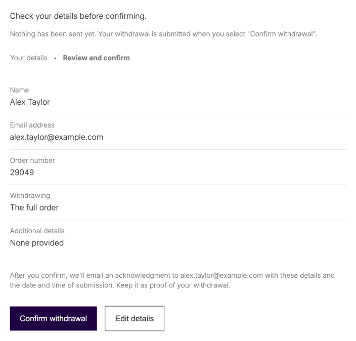 Review of Alex Taylor’s withdrawal request with Confirm withdrawal and Edit details controls.