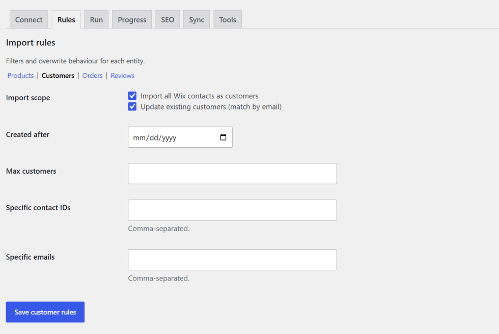 Wix customer migration settings for WooCommerce