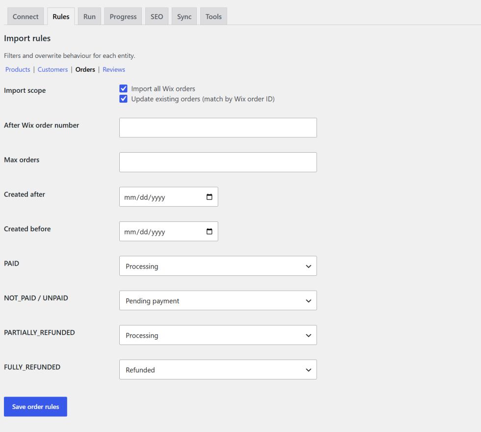 Migrate Wix orders to WooCommerce with advanced filters