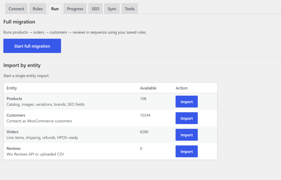 Start Wix to WooCommerce migration from the Run tab