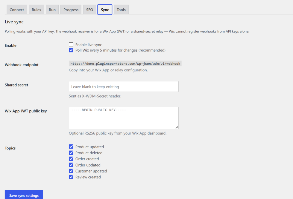 Wix to WooCommerce live sync settings