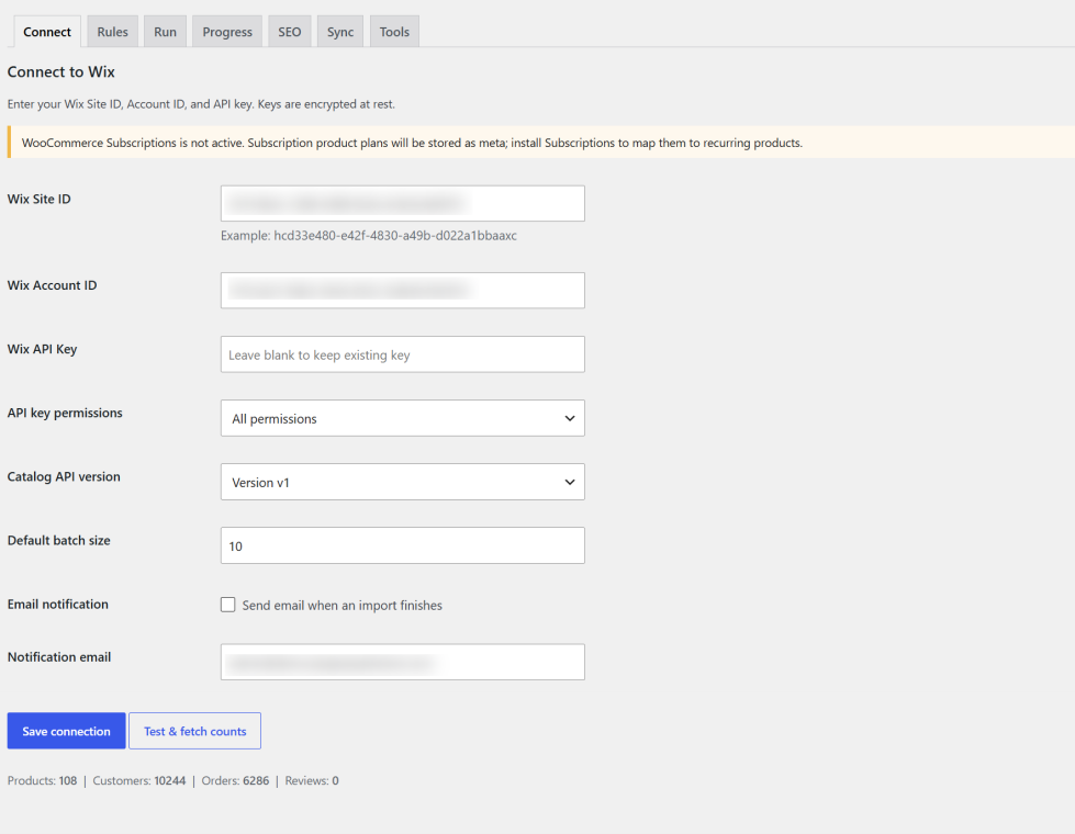Connect Wix store to WooCommerce using Wix Site ID Account ID and API key