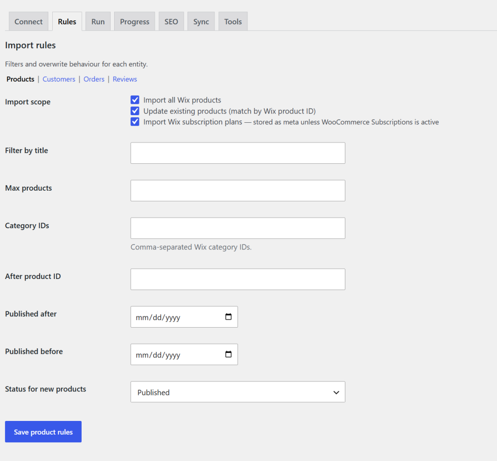 Wix to WooCommerce product migration settings