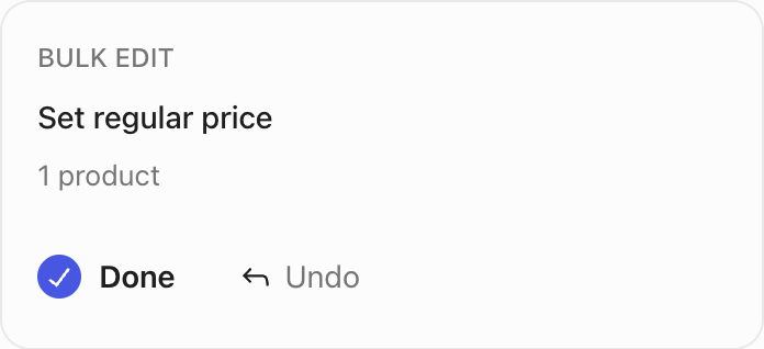 The bulk regular-price change card shows Done and an Undo button.
