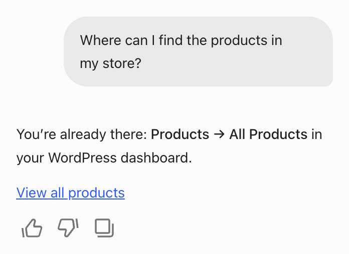 The assistant answers where to find products and offers a View all products link.