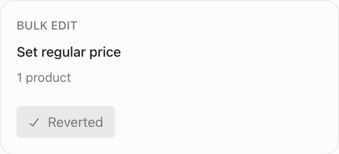 The bulk regular-price change card shows Reverted after Undo.