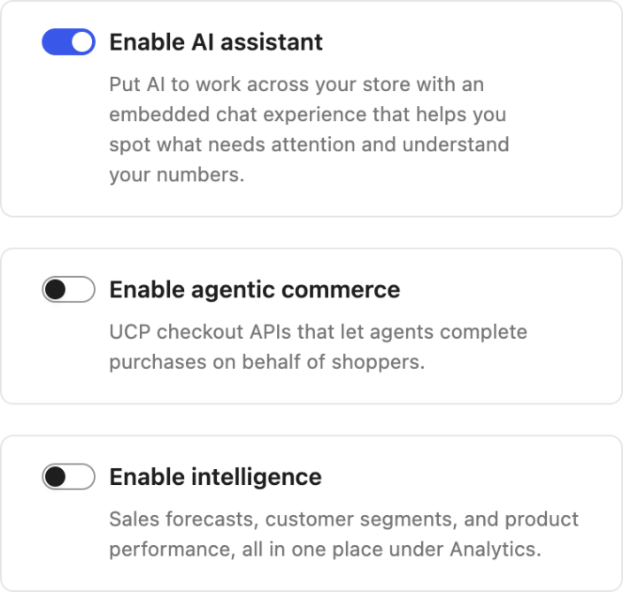 Enable AI assistant is on; Enable agentic commerce and Enable intelligence are off.