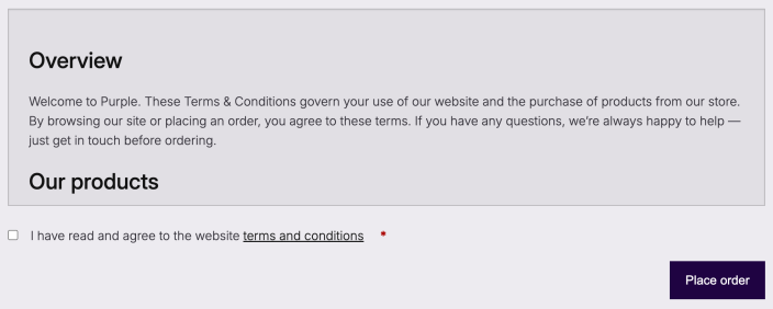 Purple classic checkout showing expanded terms and conditions, the acceptance checkbox, and Place order.