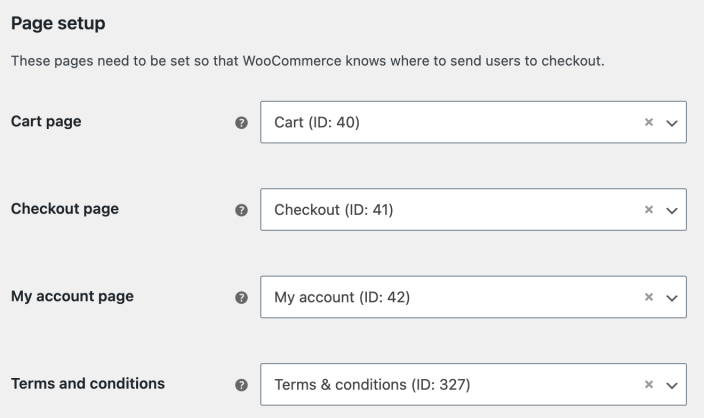 WooCommerce Page setup settings showing the Cart, Checkout, My account, and Terms and conditions page assignments.