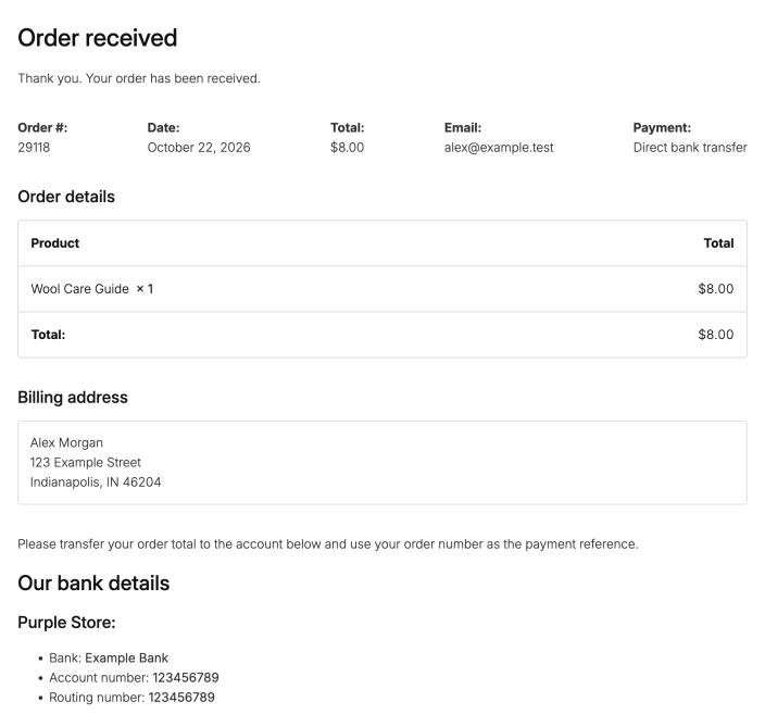 Order Received page showing a direct bank transfer order and the fictional store’s payment instructions and bank details.