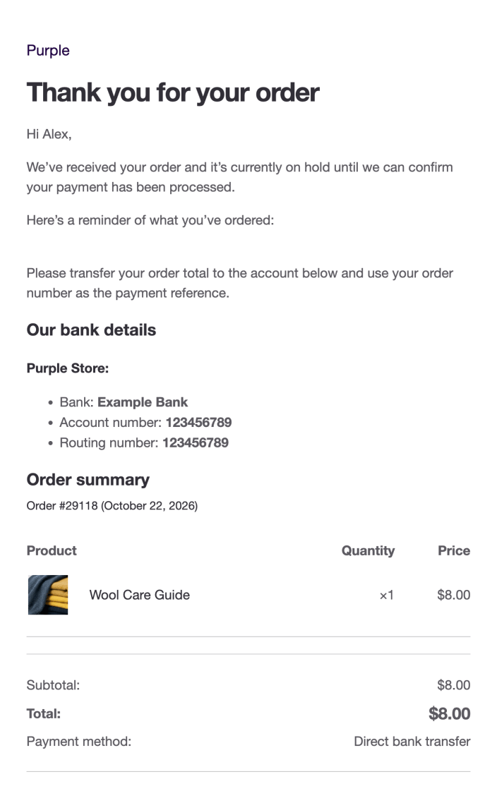On-hold order email showing the same bank transfer instructions, account details, and order summary.