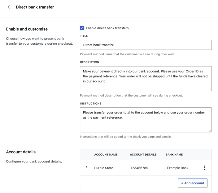 Direct bank transfer enabled with a checkout title, payment instructions, and a fictional bank account.